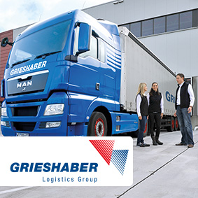 Camion du groupe logistique Grieshaber devant le centre logistique